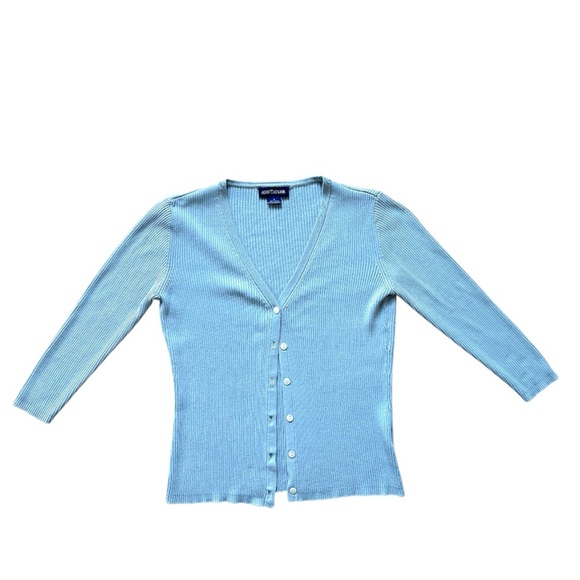 Ann Taylor 100% Silk blue Ribbed 3/4 sleeve cropped V-neck Cardigan Women's S - Picture 1 of 9